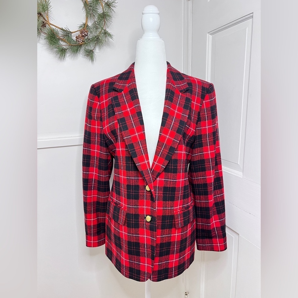 Vintage Pendleton Red and Black Tartan Plaid Virgin Wool Lined Blazer